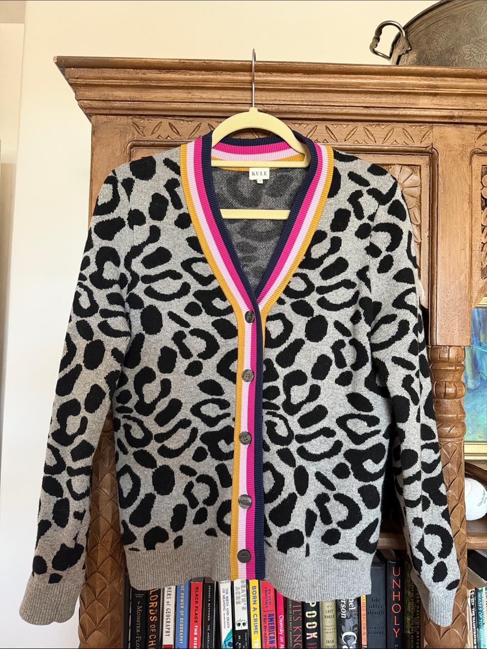 KULE Black and Gray Leopard Cardigan with Pink and Yellow Trim - Picture 3 of 5